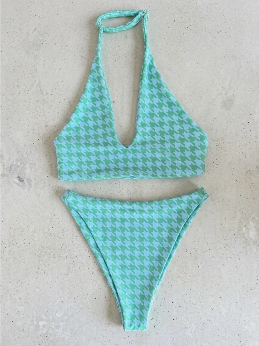 SKATIE Ventura Green Houndstooth Bikini SET Halter Top Kelly Bottom Size Medium